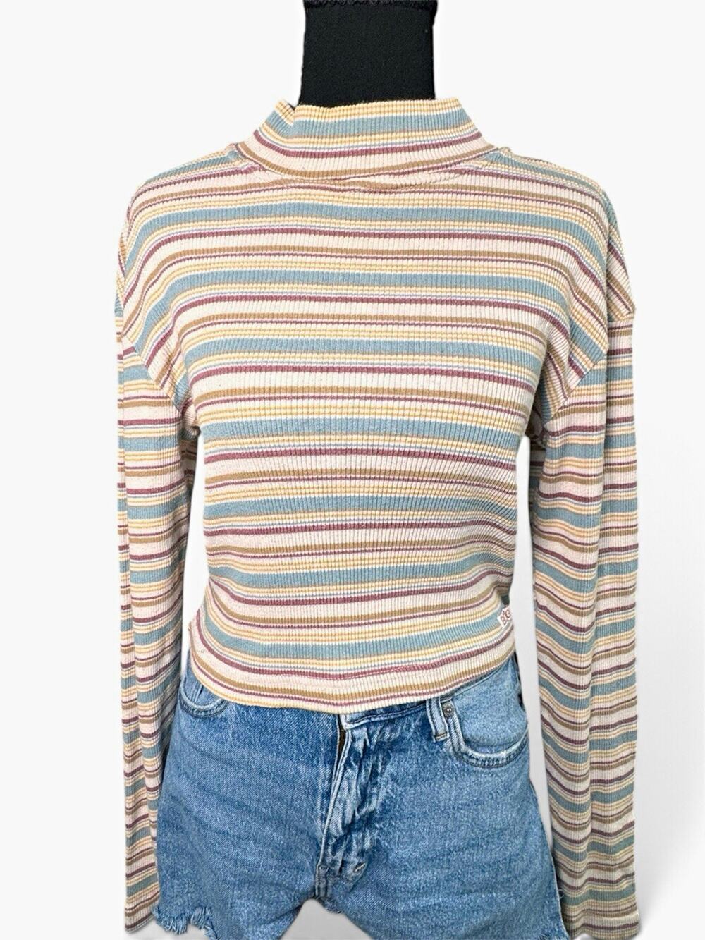 Bongo Vintage Multicolor Striped Ribbed Mock Neck Top Size M